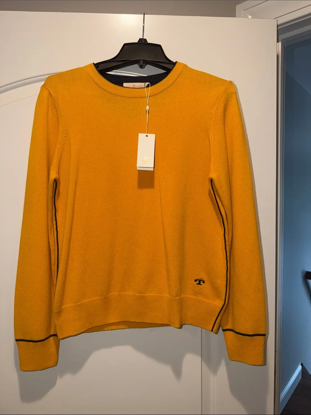 Tory Butch Gold Crest Cashmere Sweater with Contrast Trim